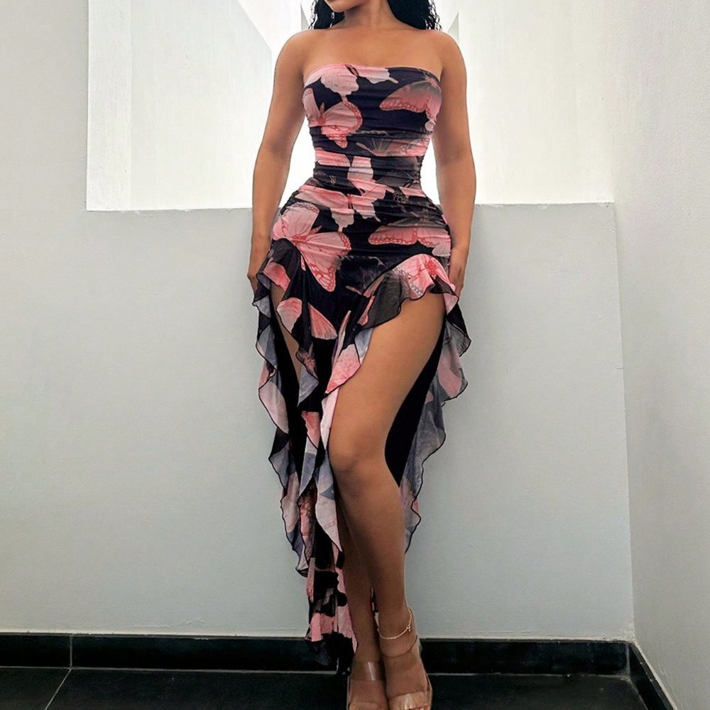 Pink Sexy Women's Butterfly Print Ruffle Hem Backless High Slit Fitted Dress - Picture 2 of 5